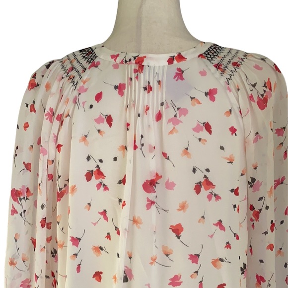 Joie Gontilda Silk Pink Floral Printed Semi Sheer Smocked Pintucked Blouse - M - Picture 10 of 16